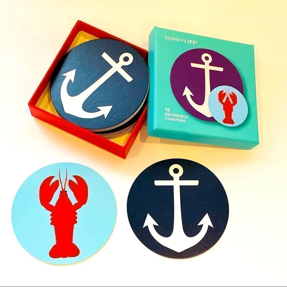 Sunny Life Set 16 Reversible Coastal Coasters Anchor Lobster NWT